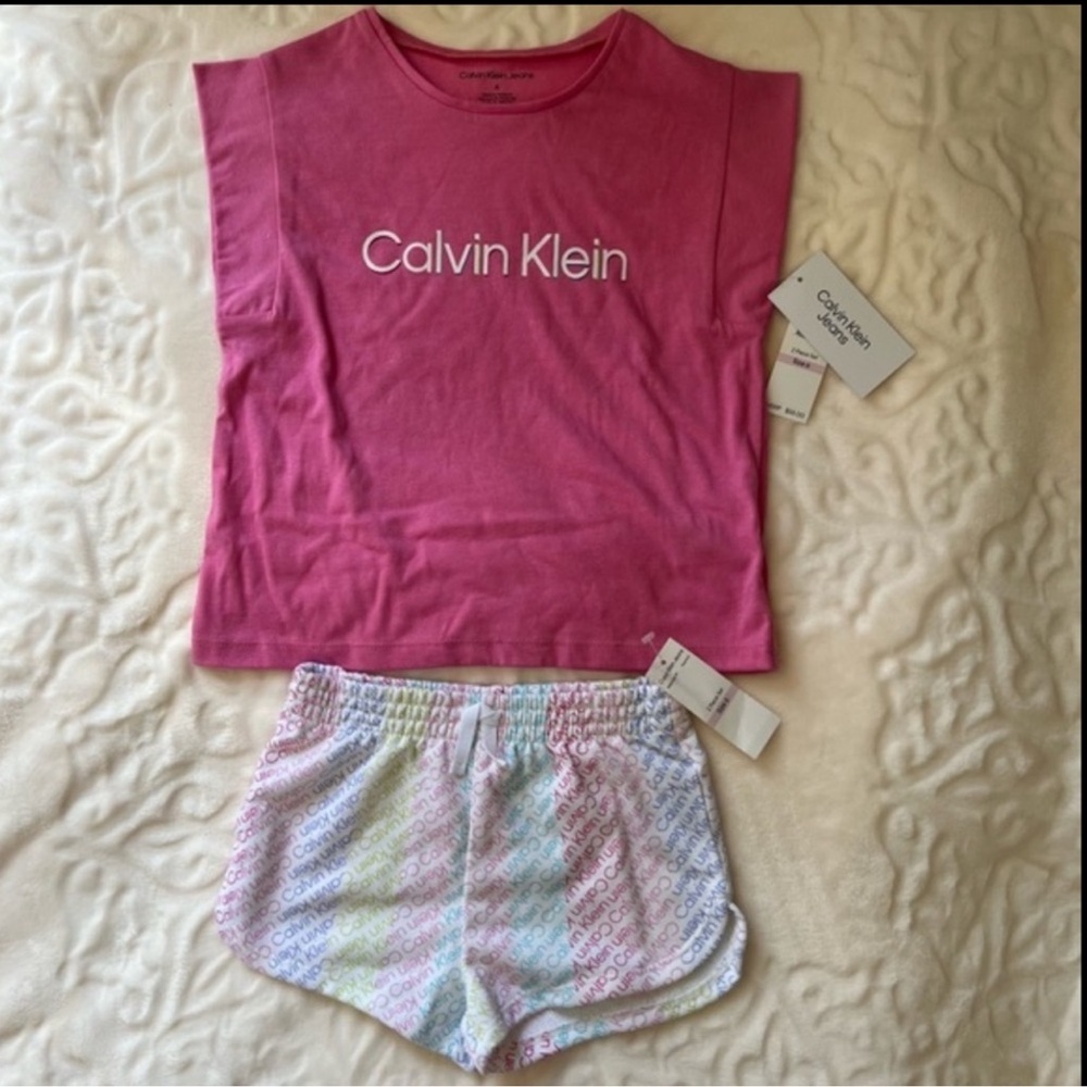 Calvin Klein Little Girls Graphic Jersey Tank & Logo Printed Short 2-Piece Set